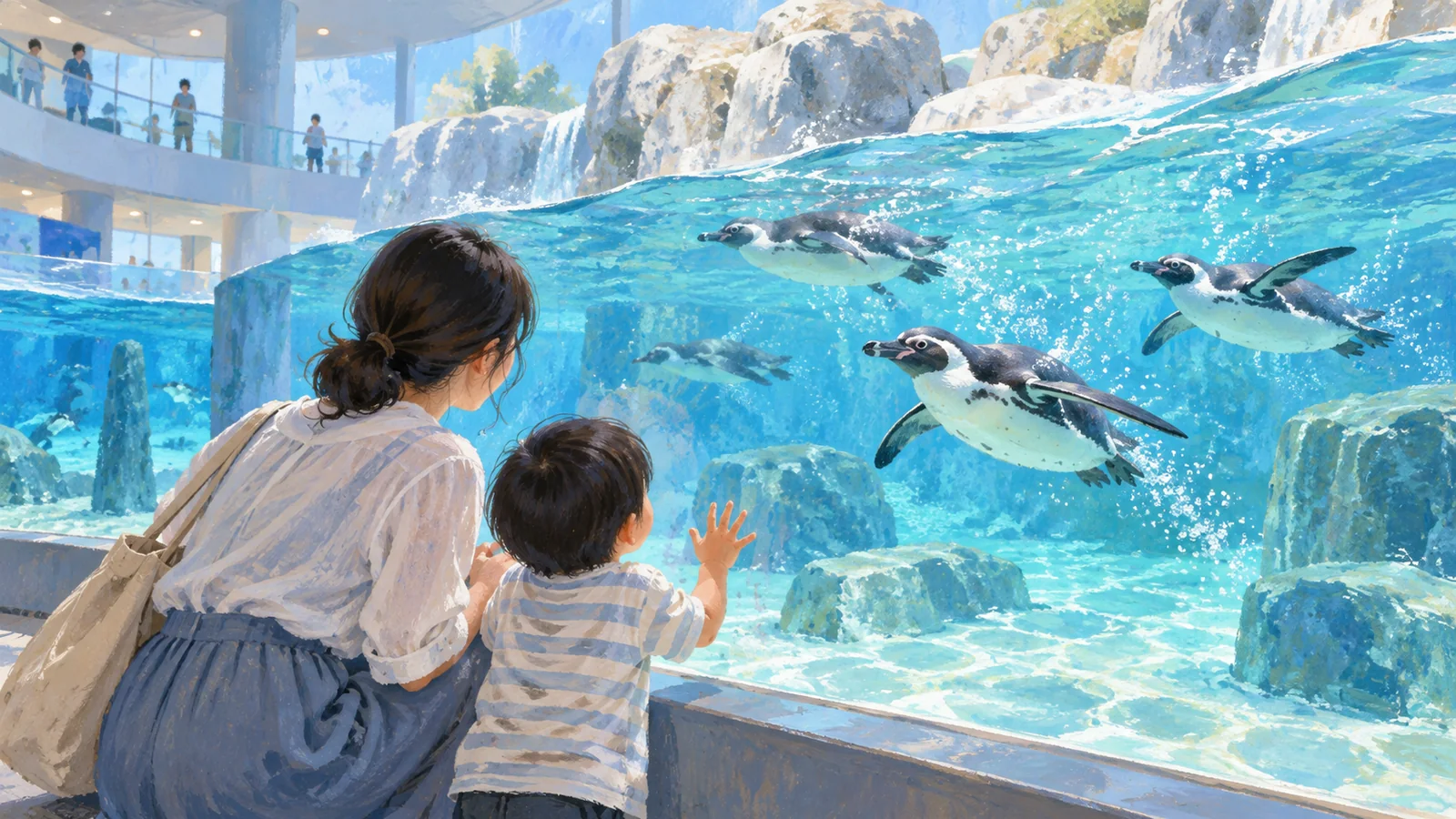 親子でペンギンを眺める水族館のイメージ