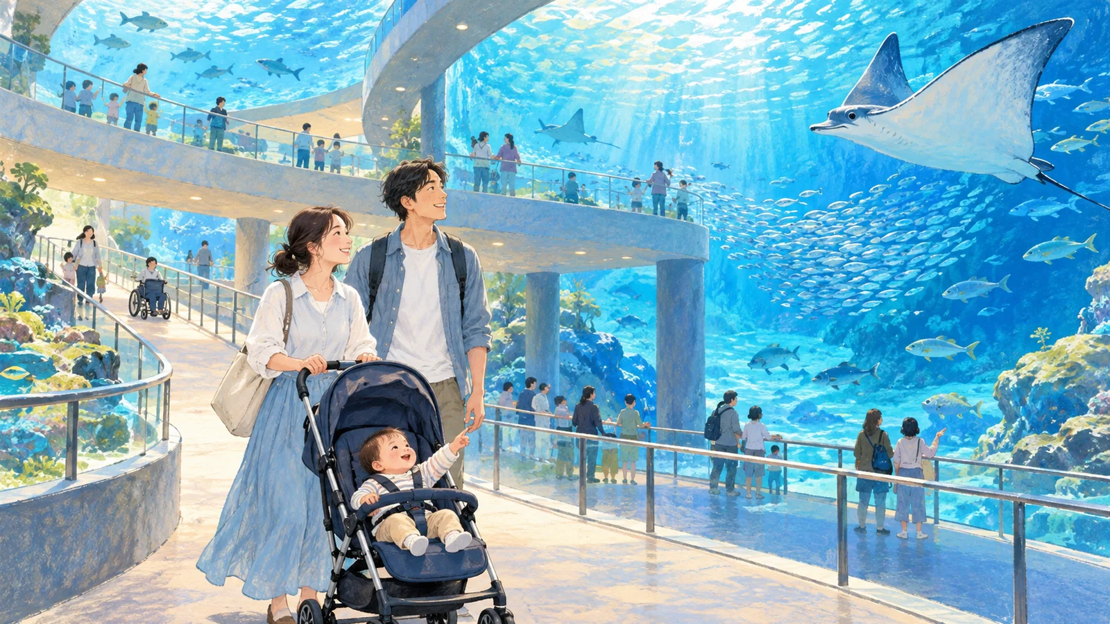 ベビーカーで屋内水族館を回る親子のイメージ