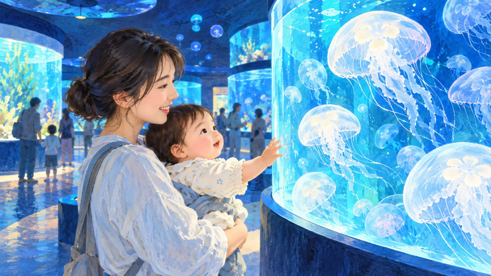 赤ちゃんとクラゲの水槽を見る親のイメージ