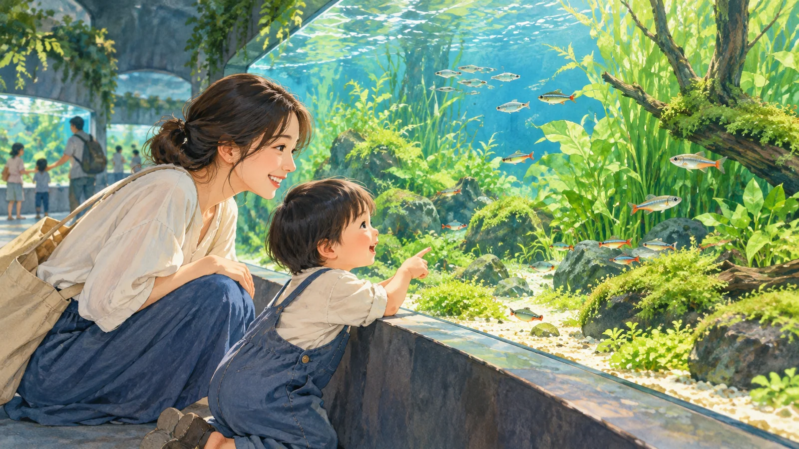 親子で水草の水槽を見るイメージ