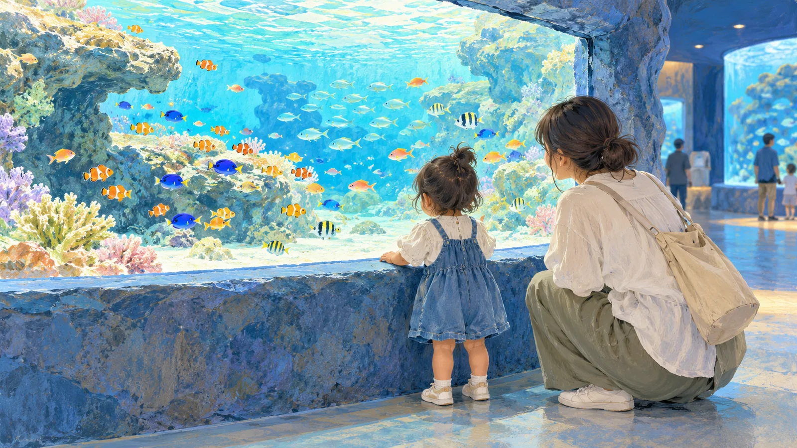 低い位置の水槽をのぞく幼児と保護者のイメージ