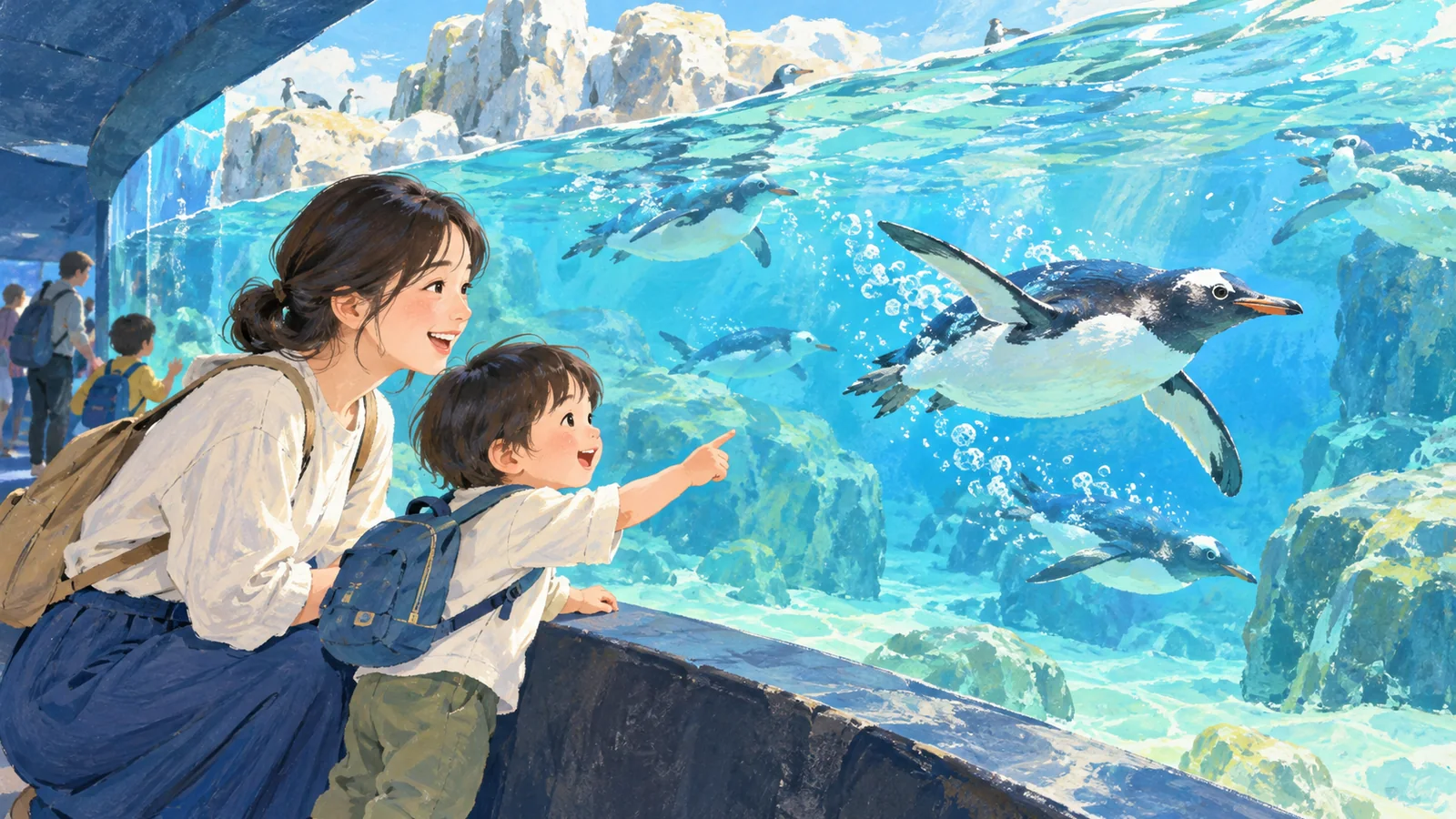 ガラス越しに泳ぐペンギンを見る親子のイメージ