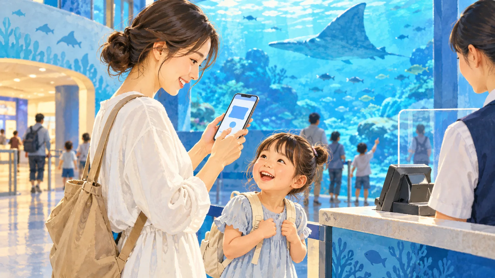 スマートフォンで水族館のチケットを確認する親子のイメージ
