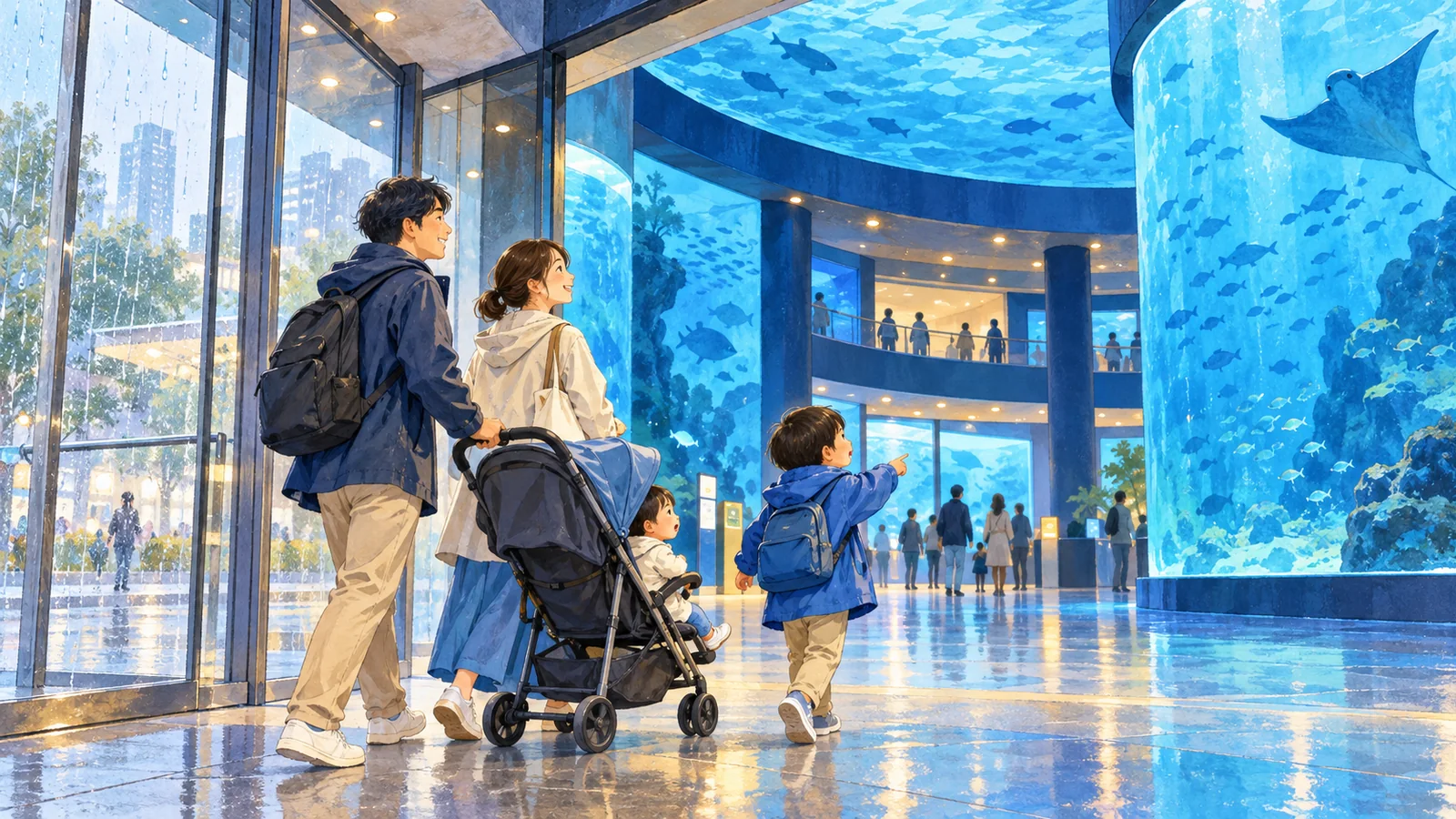 雨の日にベビーカーで屋内水族館へ入る家族のイメージ