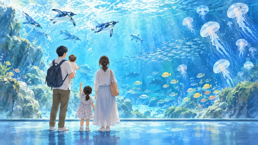家族で水族館の生き物を見るイメージ