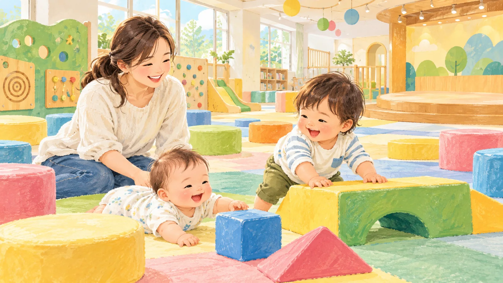 赤ちゃんと幼児が一般的な屋内遊び場で遊ぶAI生成イメージ