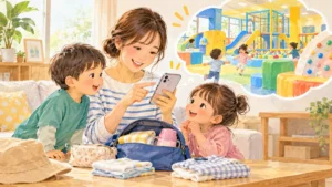 親子で子ども向け屋内施設へのお出かけを計画するAI生成イメージ