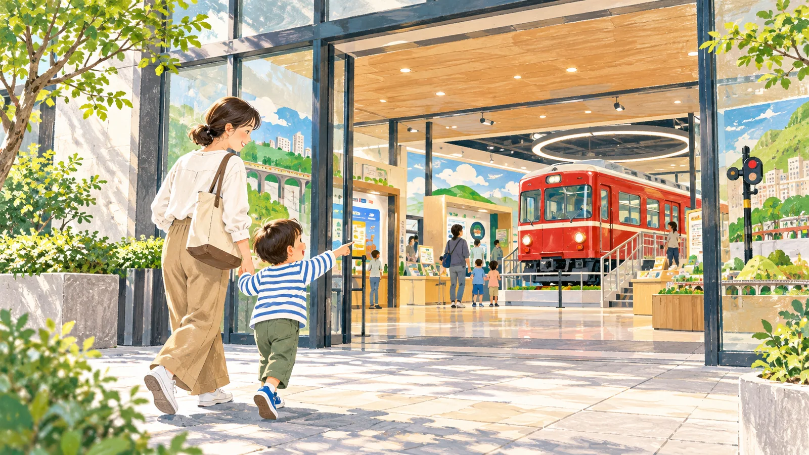 都市の鉄道学習施設へ向かう親子のAI生成イメージ