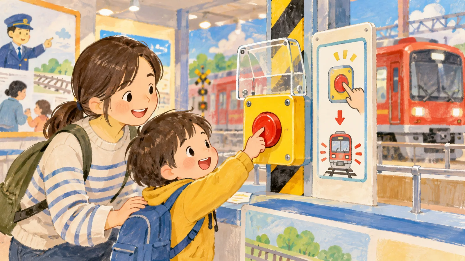 鉄道の非常停止ボタンの仕組みを親子で学ぶAI生成イメージ