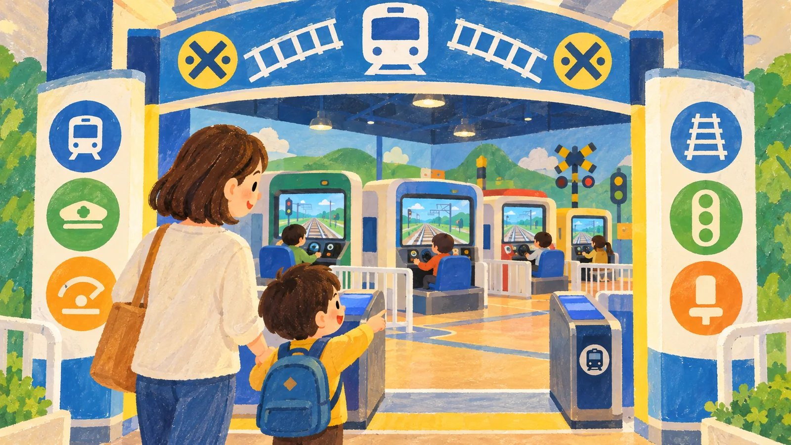 鉄道運転シミュレーションエリアを描いたAI生成イメージ