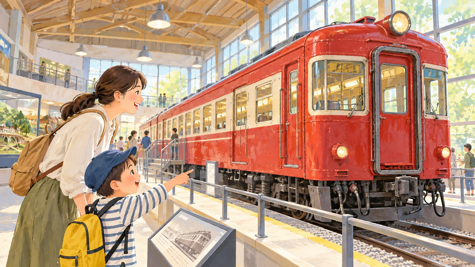 架空の赤い通勤車両を親子で見学するAI生成イメージ