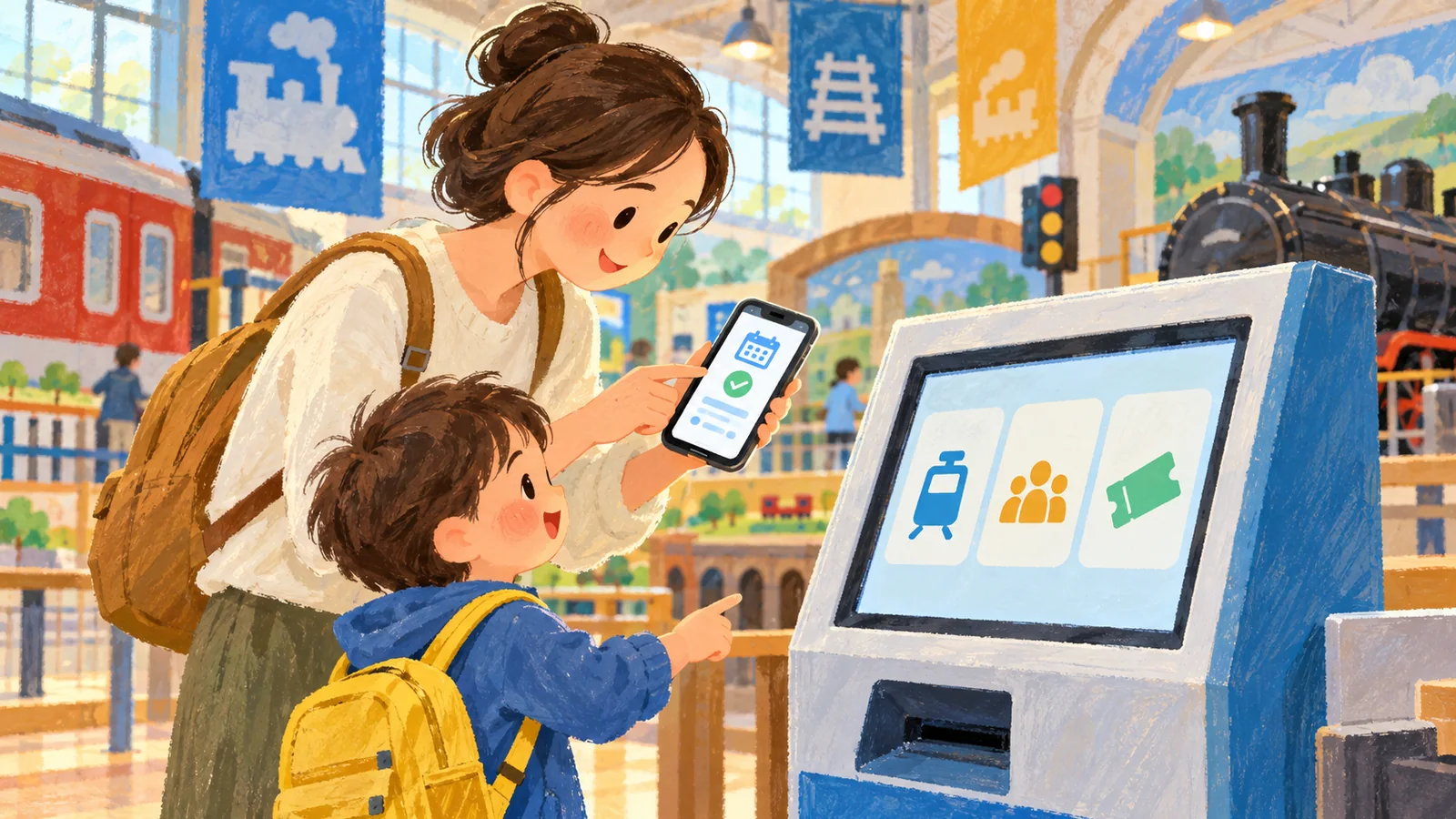予約を確認して体験チケットを購入する親子のAI生成イメージ