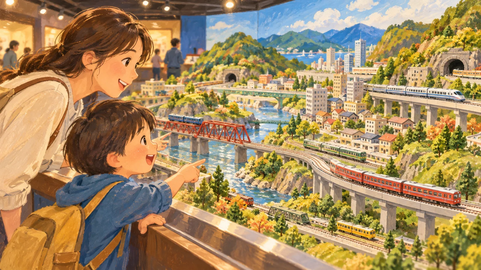 鉄道ジオラマを親子で楽しむAI生成イメージ