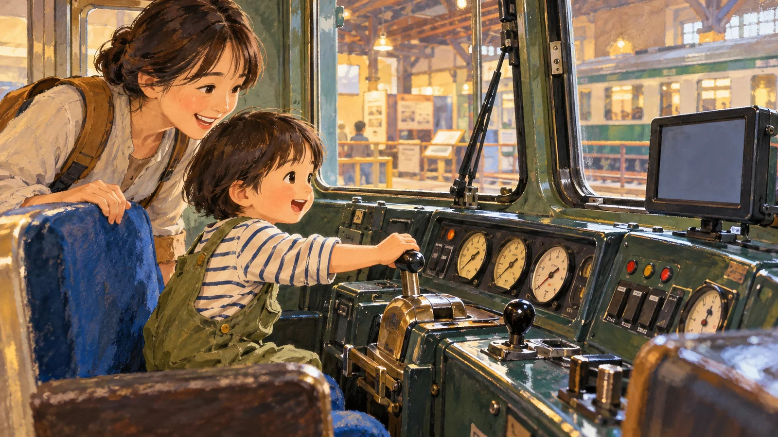 鉄道車両の運転台を親子で観察するAI生成イメージ