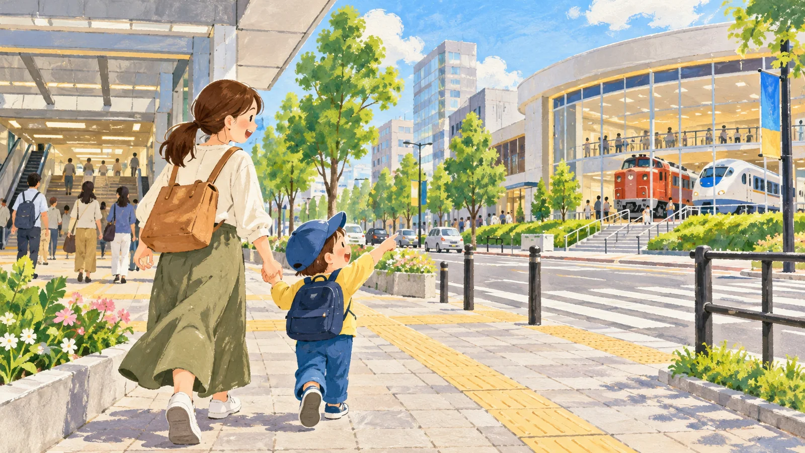 駅から鉄道学習施設へ歩く親子のAI生成イメージ