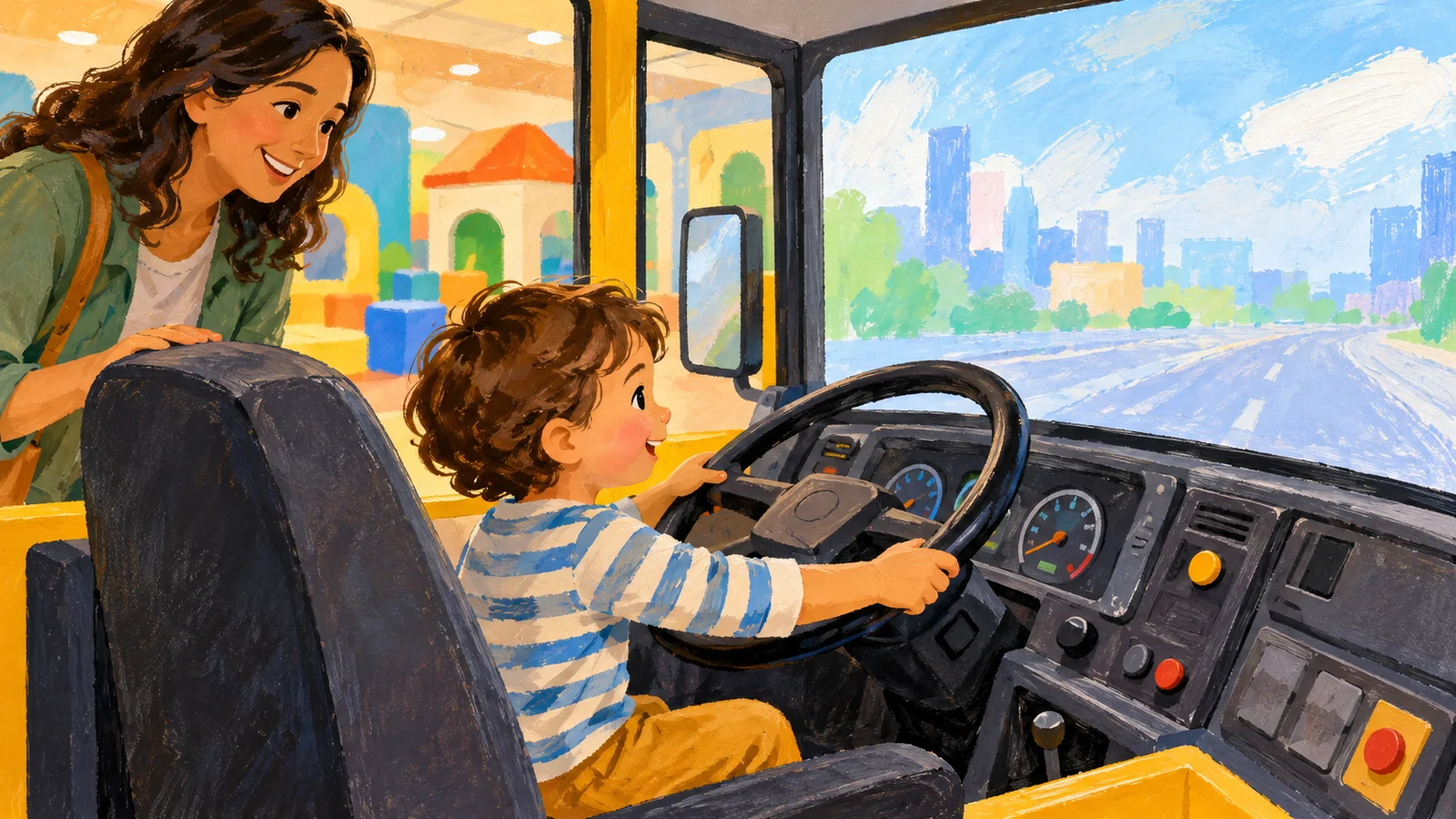 バスの運転席体験をする子どもと親のAI生成イメージ