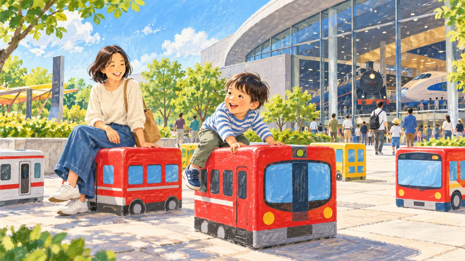 列車やバスをモチーフにしたキューブ型イスのAI生成イメージ