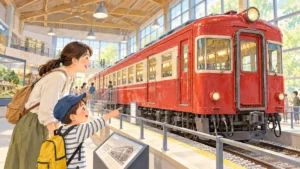 架空の赤い通勤車両を親子で見学するAI生成イメージ