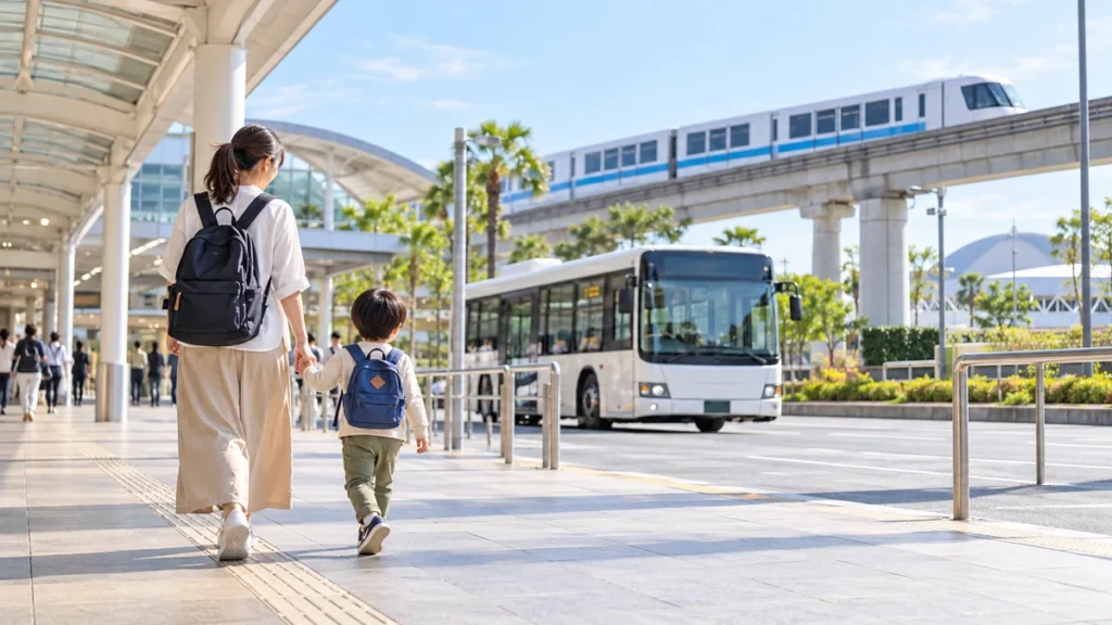 親子が駅前の交通広場でバスとモノレールへ向かうAI生成イメージ