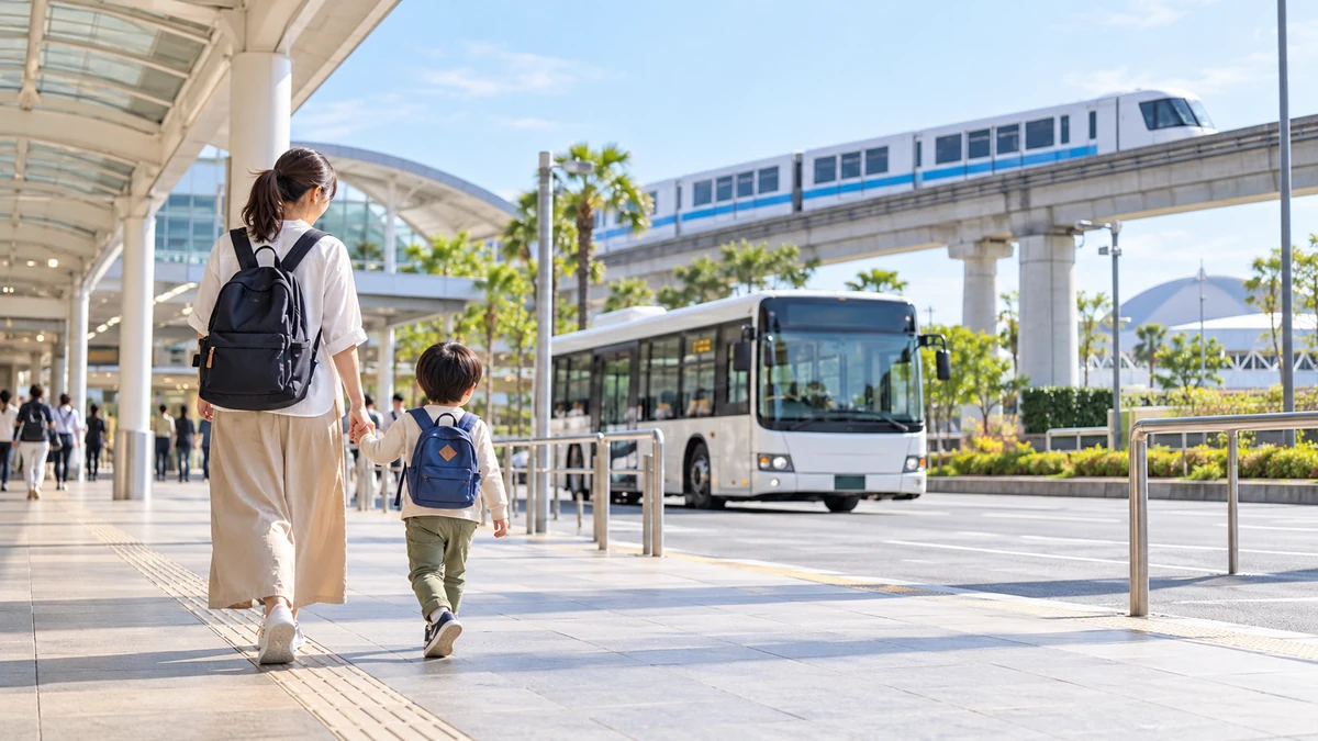 親子が駅前の交通広場でバスとモノレールへ向かうAI生成イメージ