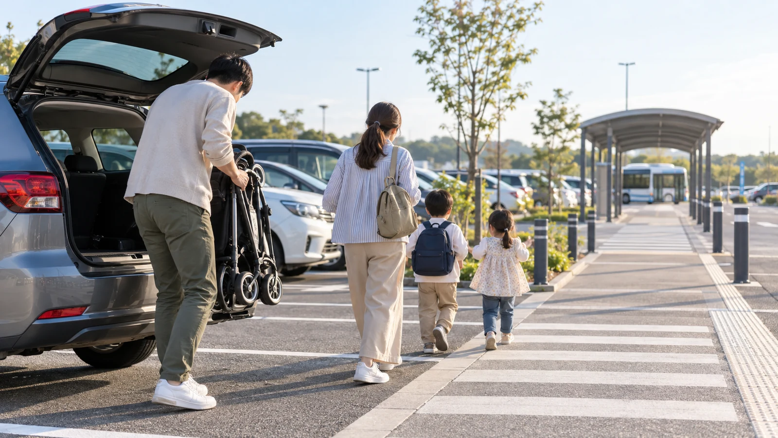 子連れ家族が駐車場でベビーカーを準備するAI生成イメージ