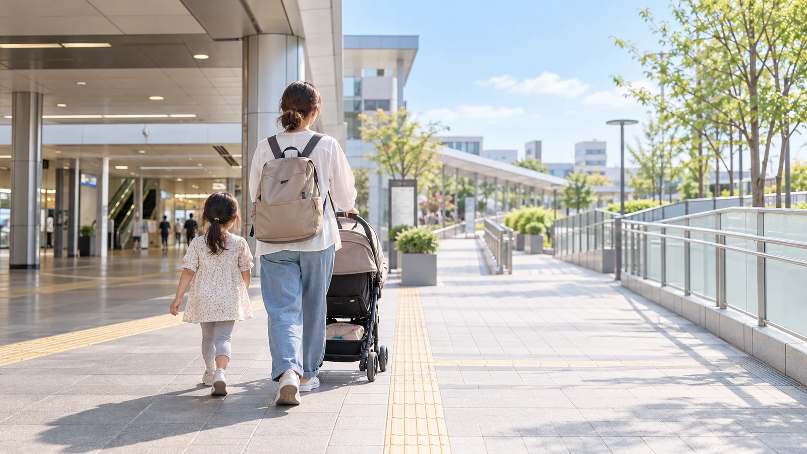 親子がベビーカーで駅から移動するAI生成イメージ