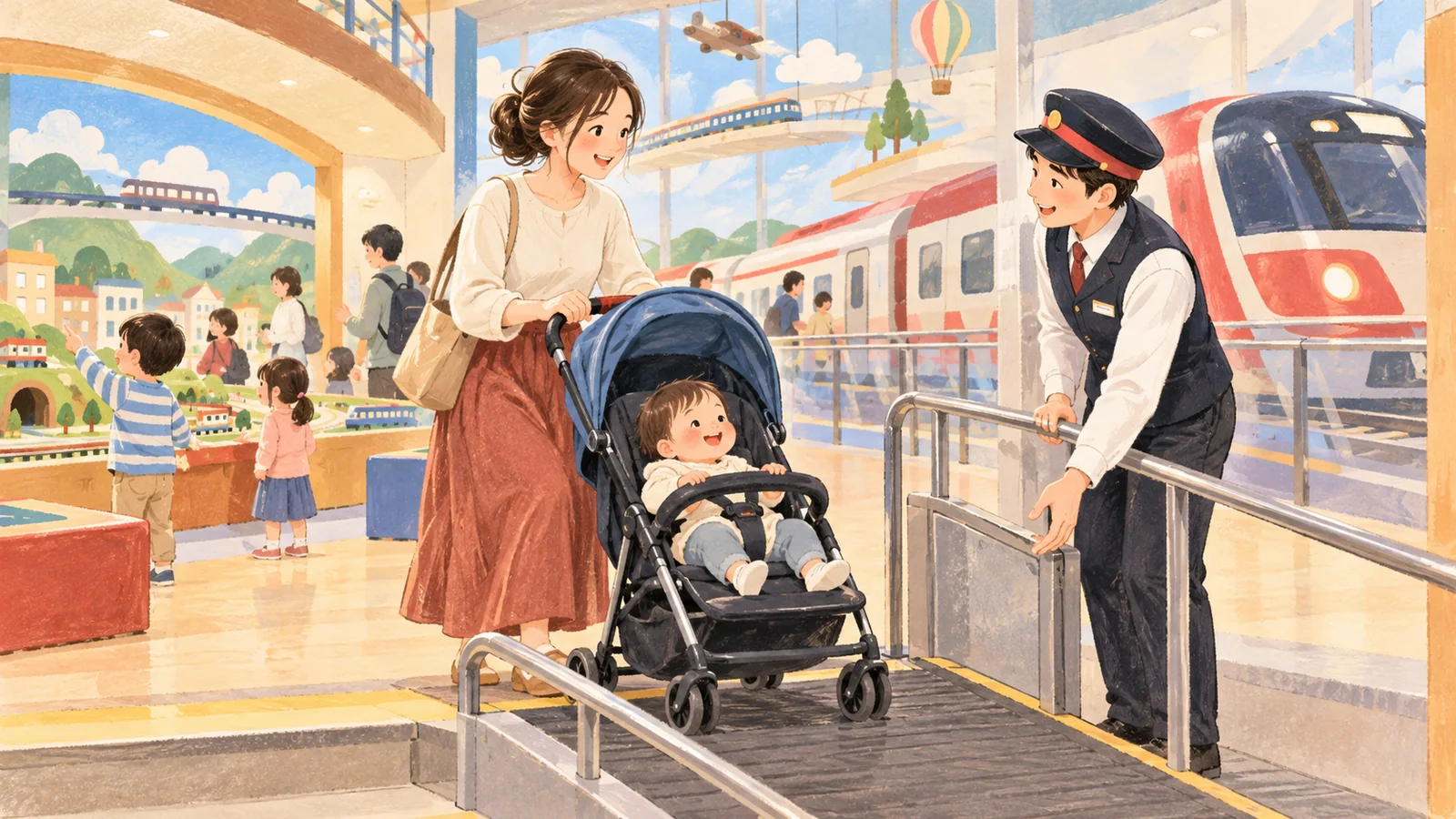 ベビーカーで館内を移動する親子のAI生成イメージ