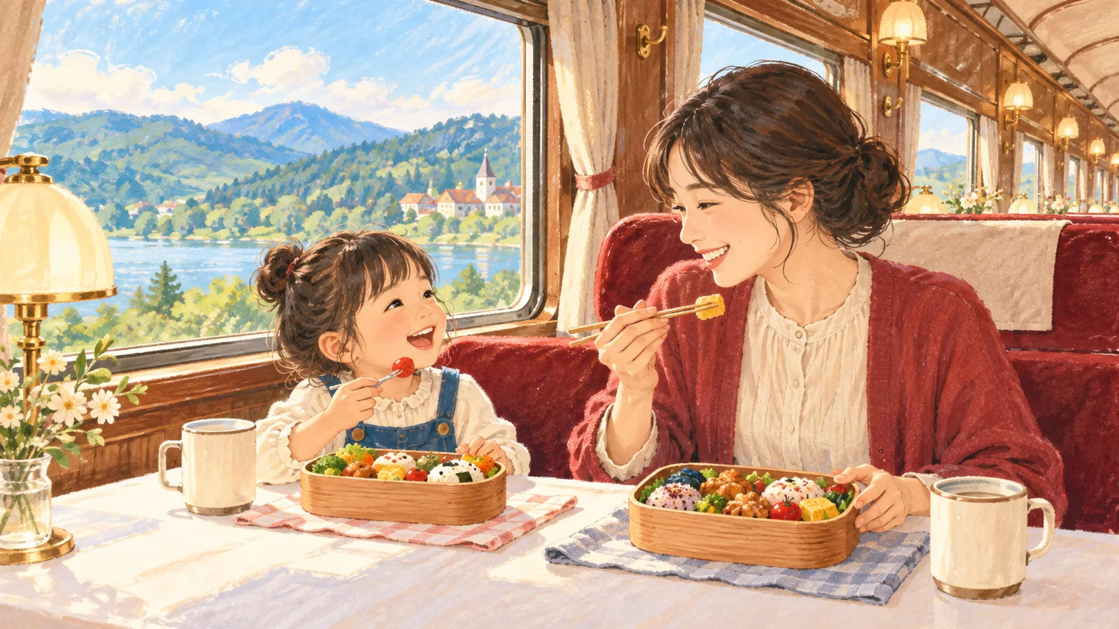 鉄道をテーマにした食事スペースで昼食をとる親子のAI生成イメージ
