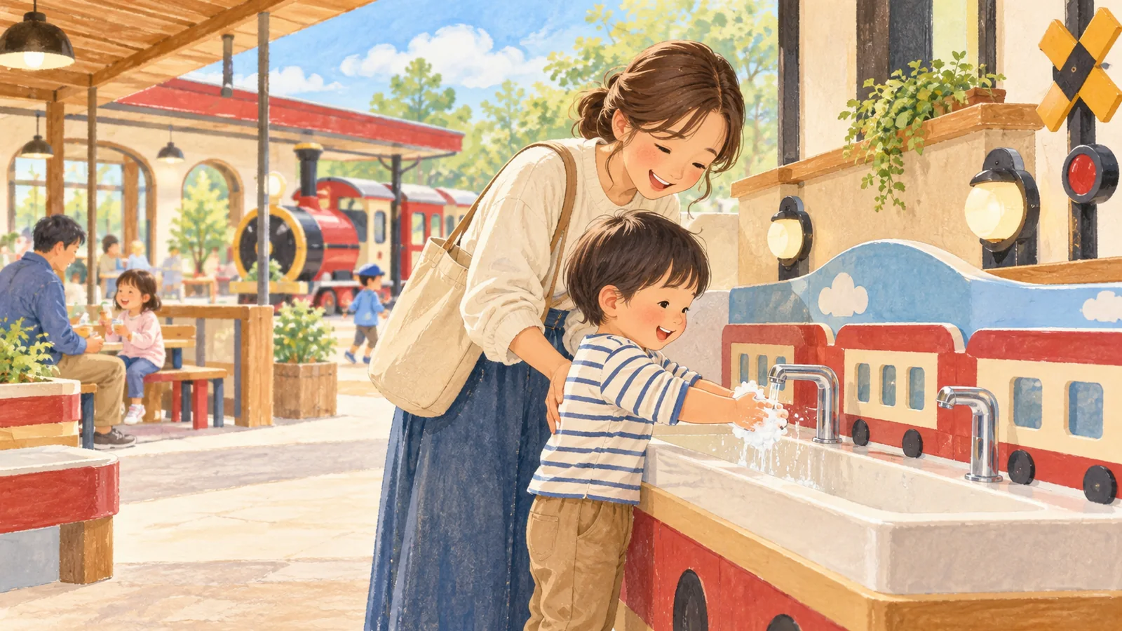 子ども用手洗い場を利用する親子のAI生成イメージ