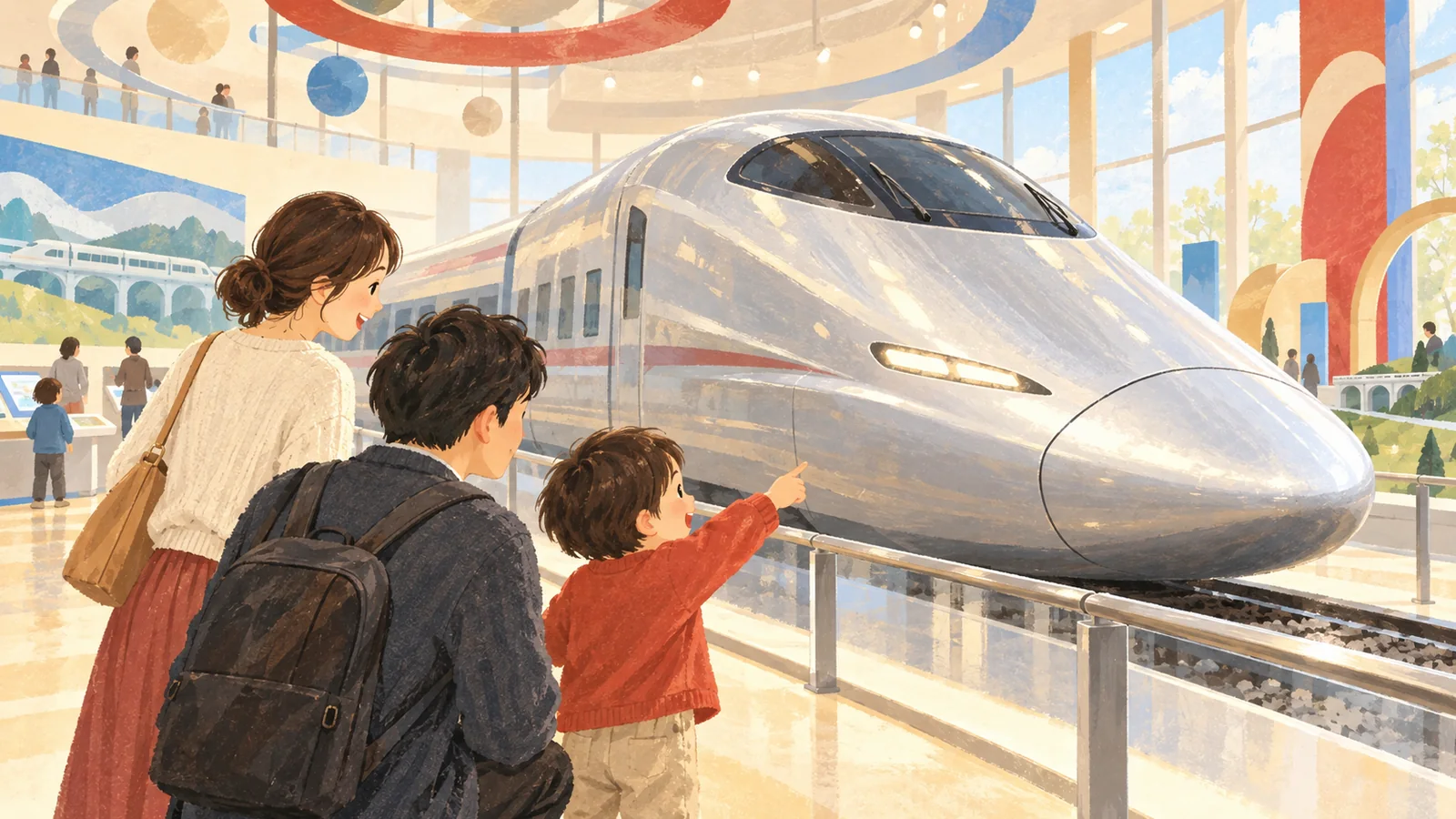 架空の流線形車両を親子で見学するAI生成イメージ