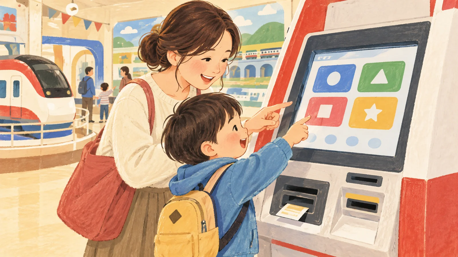 チケット端末を親子で操作するAI生成イメージ