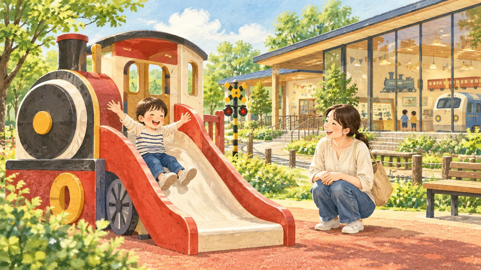 小さな子ども向けの列車型すべり台を描いたAI生成イメージ