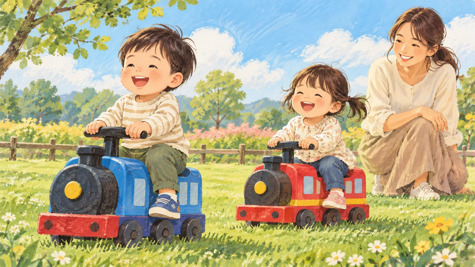 列車型の乗用遊具で遊ぶ子どもを描いたAI生成イメージ