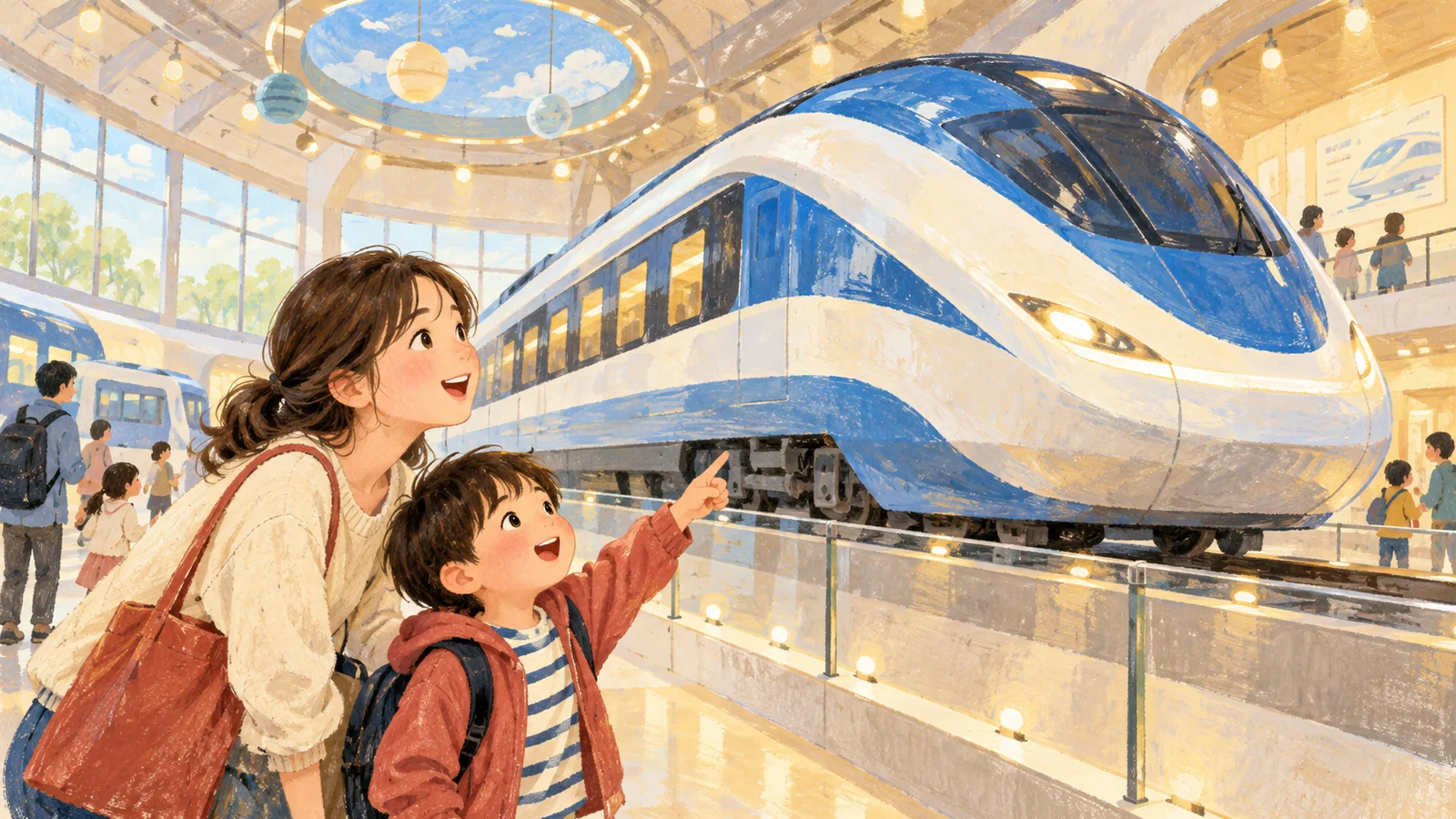 架空の鉄道展示を親子で見学するAI生成イメージ