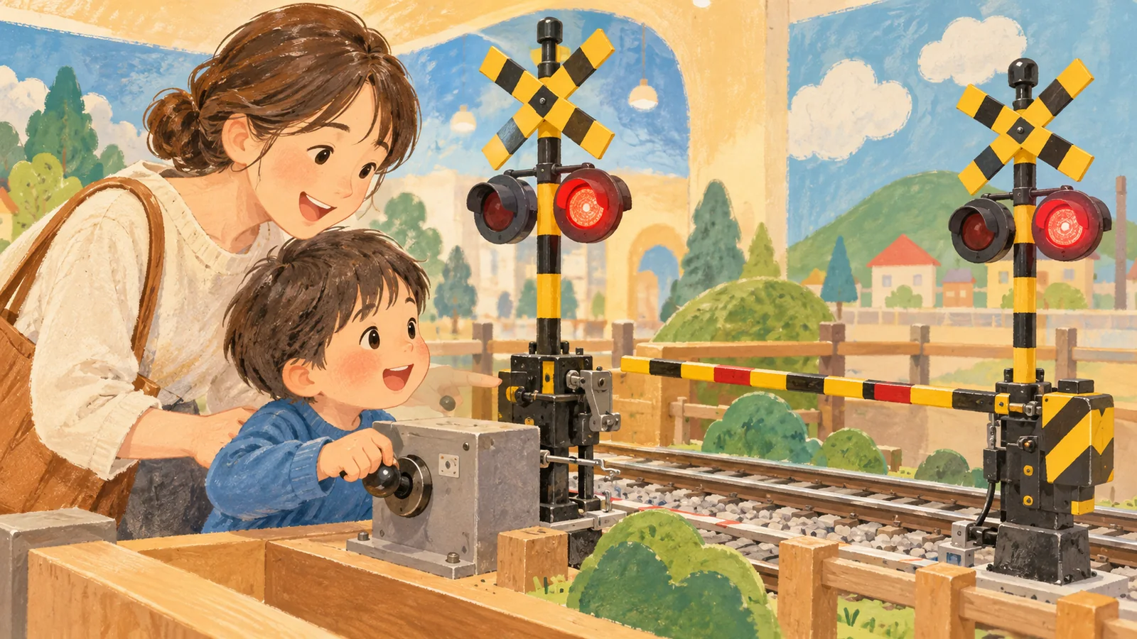 踏切の仕組みを親子で学ぶAI生成イメージ