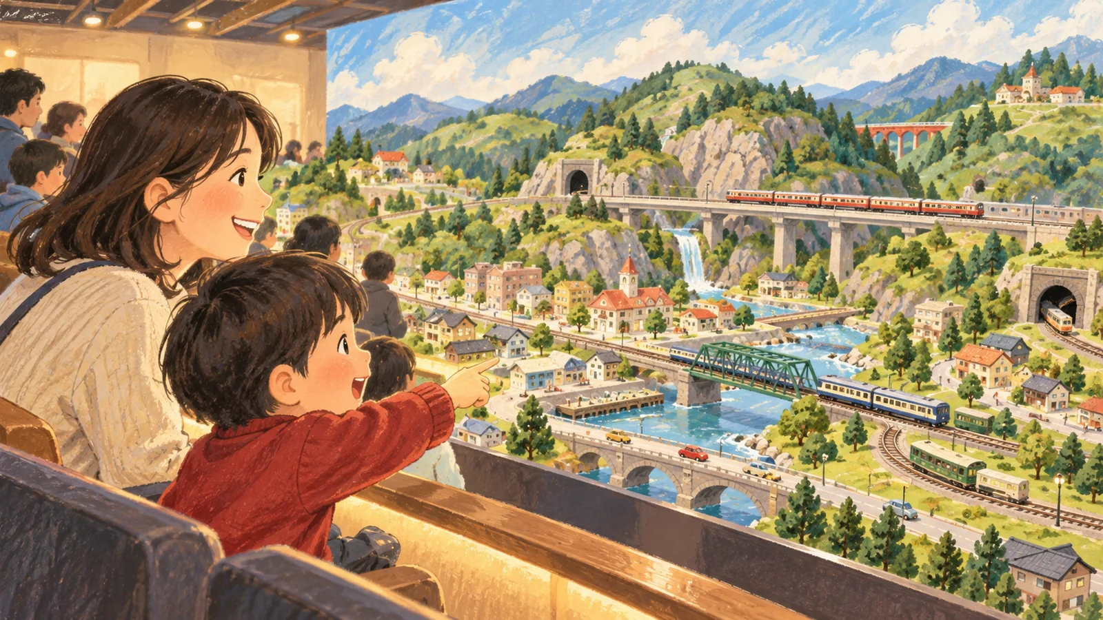 鉄道ジオラマを親子で楽しむAI生成イメージ