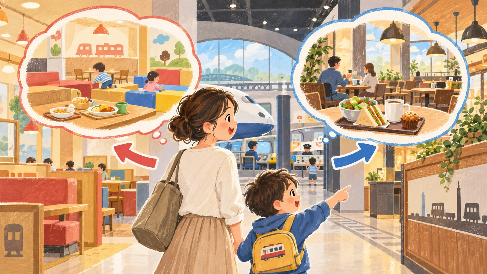 子連れで利用しやすい休憩・食事場所を描いたAI生成イメージ