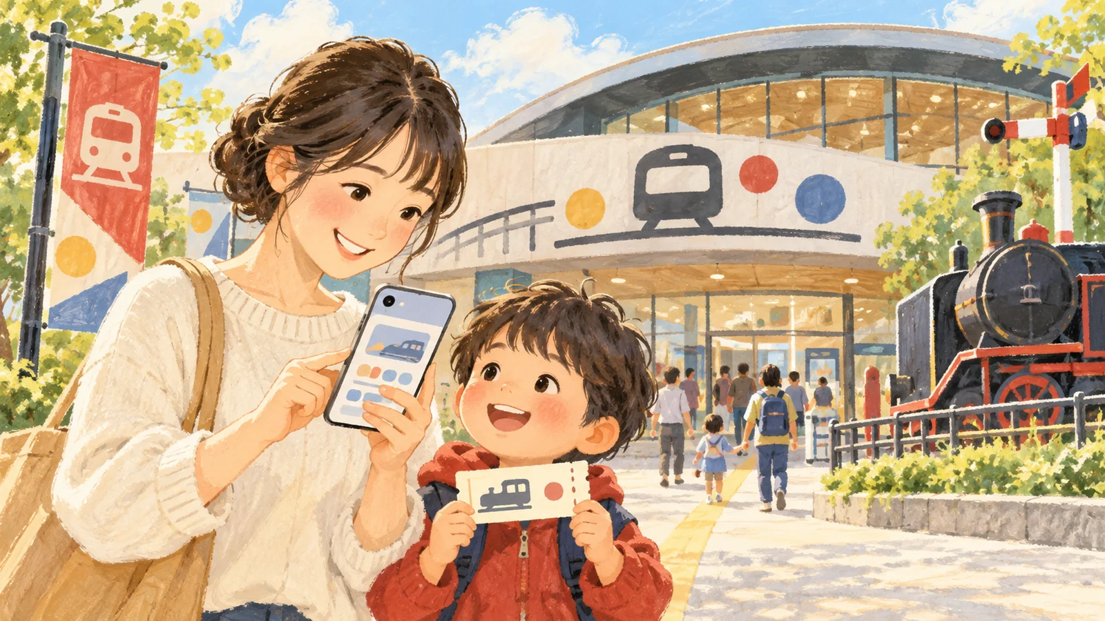 来館前に料金やチケットを確認する親子のAI生成イメージ
