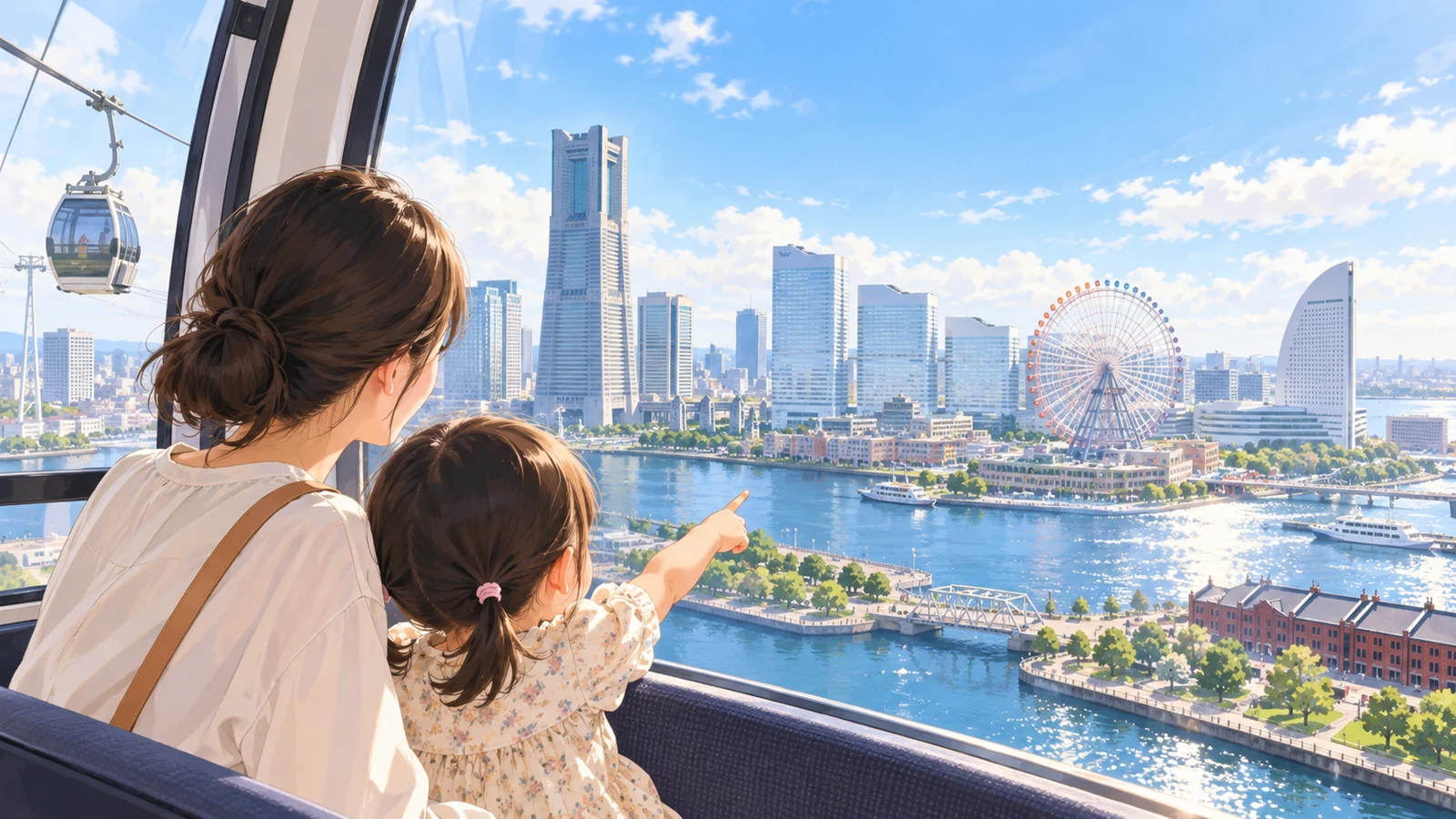 横浜の港を眺めながら空中散歩を楽しむ親子のイメージ